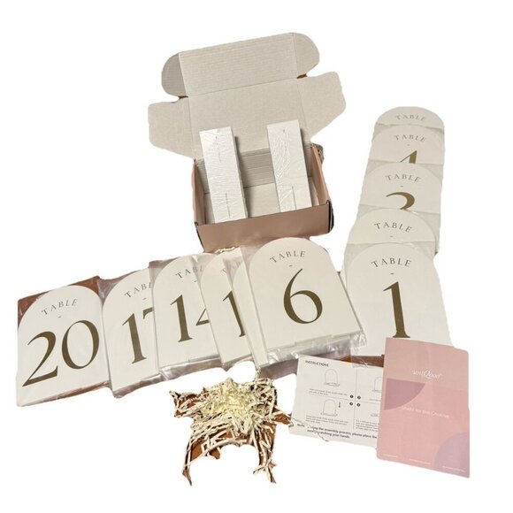 White Arch Reception Table Numbers with Stands 1-20 Gold Foil Printed 5x7 - Picture 1 of 6